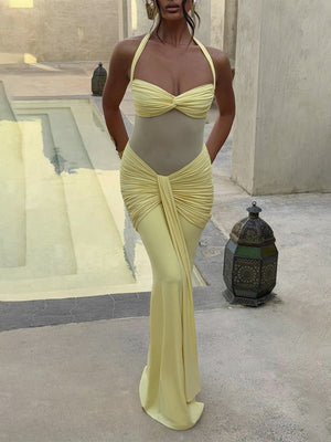 Neckband Lace Up Mesh Formal Dress Maxi Dresses