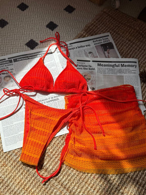 Gradient Mesh Color Blocking Bikini Beach Skirt Three-piece Set