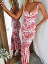 Printed Gathering Camisoles V-neck Ruffle Maxi Dresses