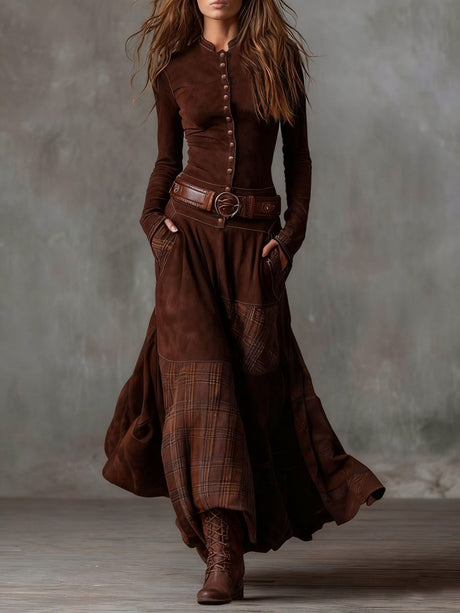 Suede Plaid Patchwork Pocket Buttons With Belt Maxi Dresses