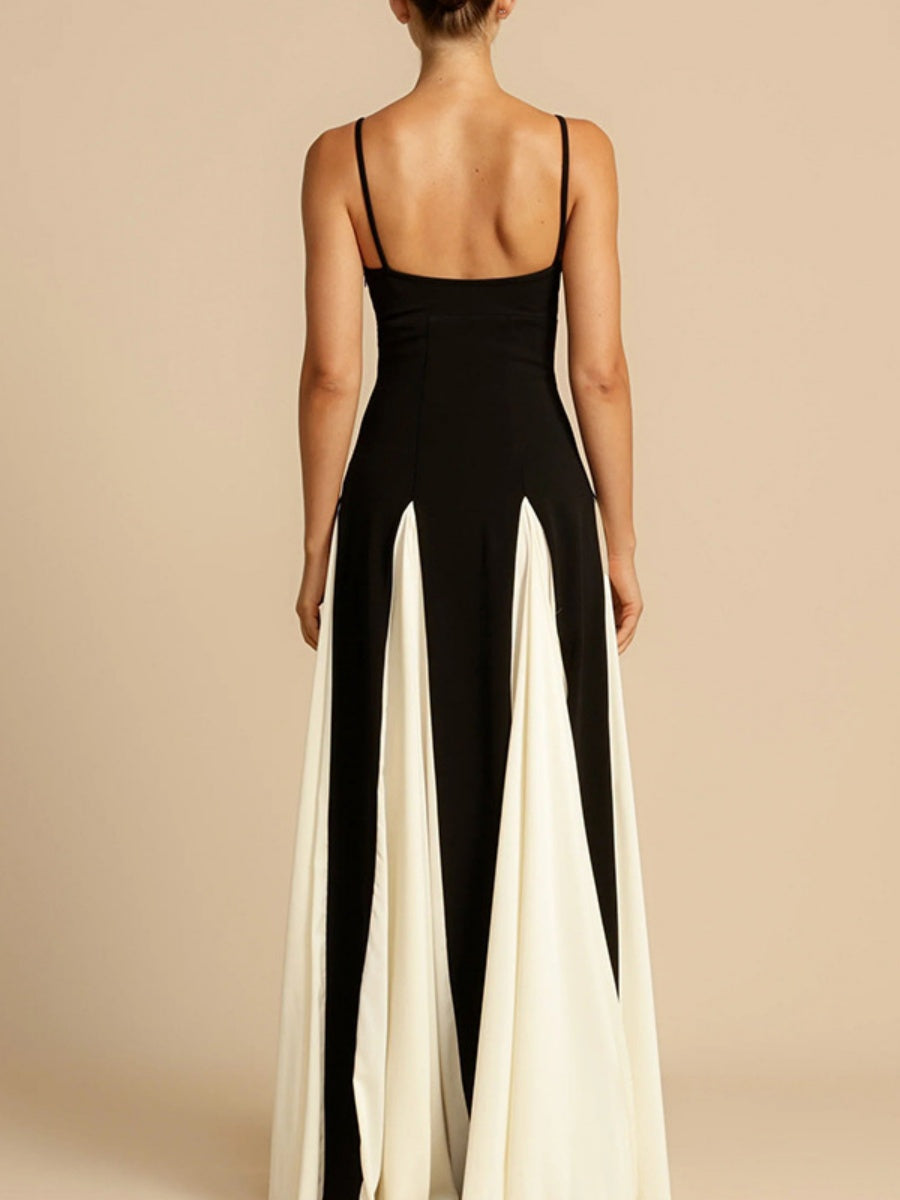 Black And White Color-blocked Long Slip Dress