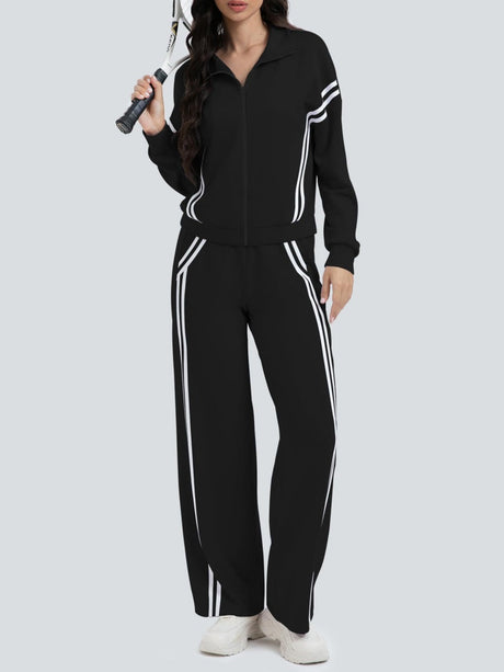 Sports Casual Suit Zipper Contrasting Colors Sweatshirts Wide-leg Pants 2-piece Sets