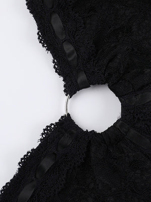 Black Lace Long-sleeved Jumpsuit Shorts