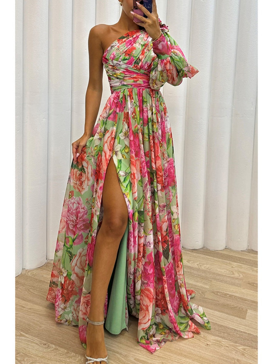 Floral Print Mesh Off-shoulder Maxi Dresses