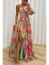 Floral Print Mesh Off-shoulder Maxi Dresses