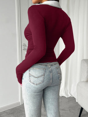 Simplicity Contrast Lapels Long Sleeve T-shirts