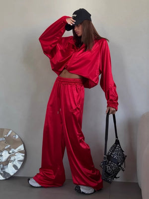Zippered Loose Sweatshirt Jacket And Wide-Leg Pants Two-Piece Set