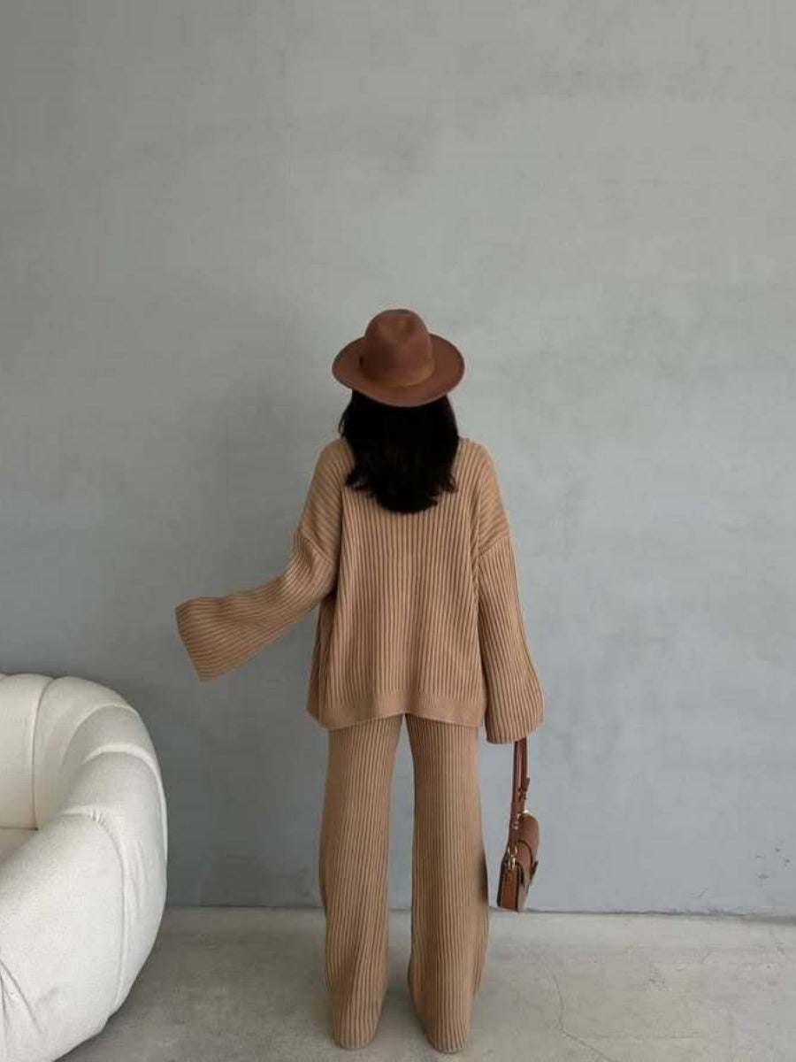 Leisure Solid Color Long Sleeve Buttons Sweaters Cardigans Pants Two-piece Suit