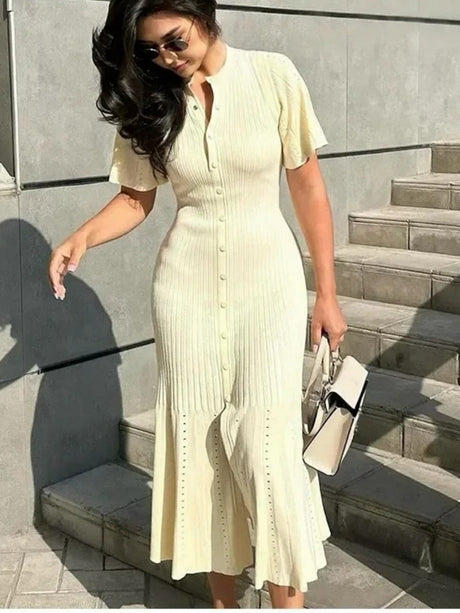 Short Sleeve Buttons Slit Knitting High Waist Workplace Maxi Dresses