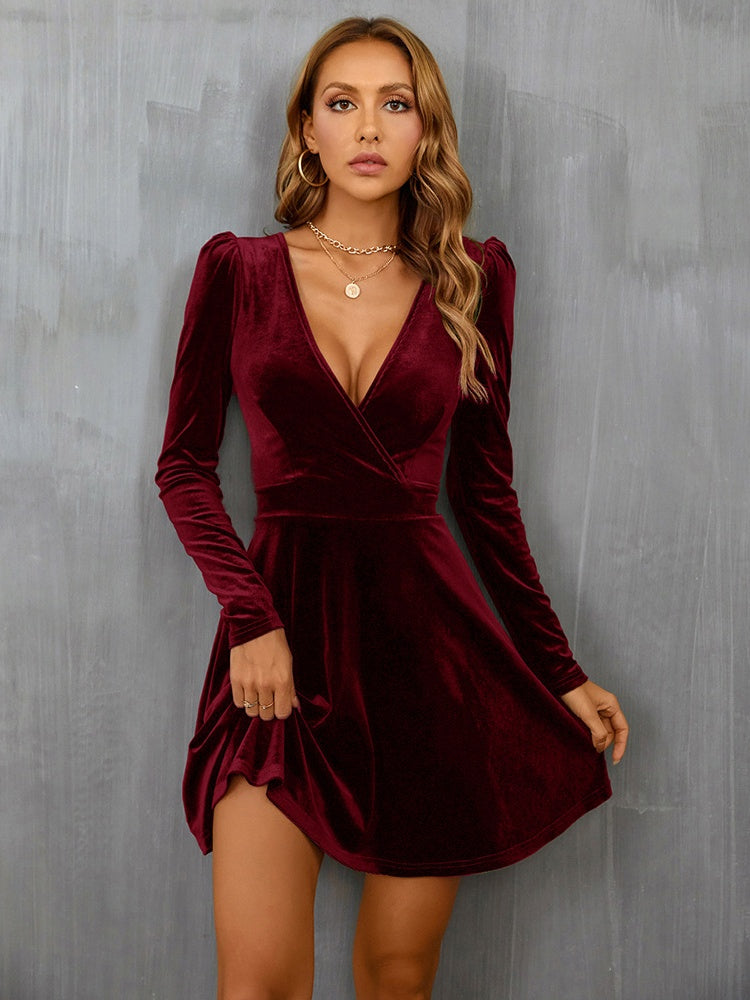 V-neck, Leg-of-mutton Sleeves, Fitted Waist, A-line Silhouette, Long Sleeves, Velvet Short Dress