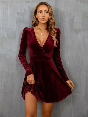 V-neck, Leg-of-mutton Sleeves, Fitted Waist, A-line Silhouette, Long Sleeves, Velvet Short Dress