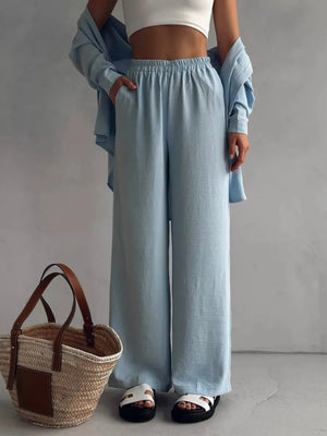 Solid Color Cardigan With Pockets, Casual Wide-leg Trousers 2-piece Sets