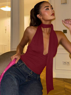 【SHIP AS USUAL】Deep V Backless Halter Jacket Tank Tops