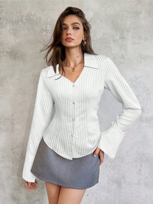 Flared Sleeves Slim-fit Lapel Stripes Shirts