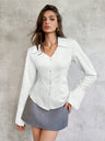 Flared Sleeves Slim-fit Lapel Stripes Shirts