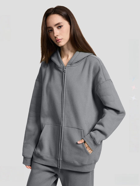 Plush Sports Loose Solid Color Zipper Hooded Sweatshirts&Hoodies Set