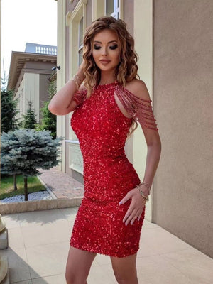 Halter Neck, Off-shoulder, Tassel, Bodycon, Crystal-trimmed Sequined Short Dress