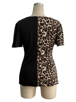 Splicing Stripes Asymmetrical Leopard Print T-shirts