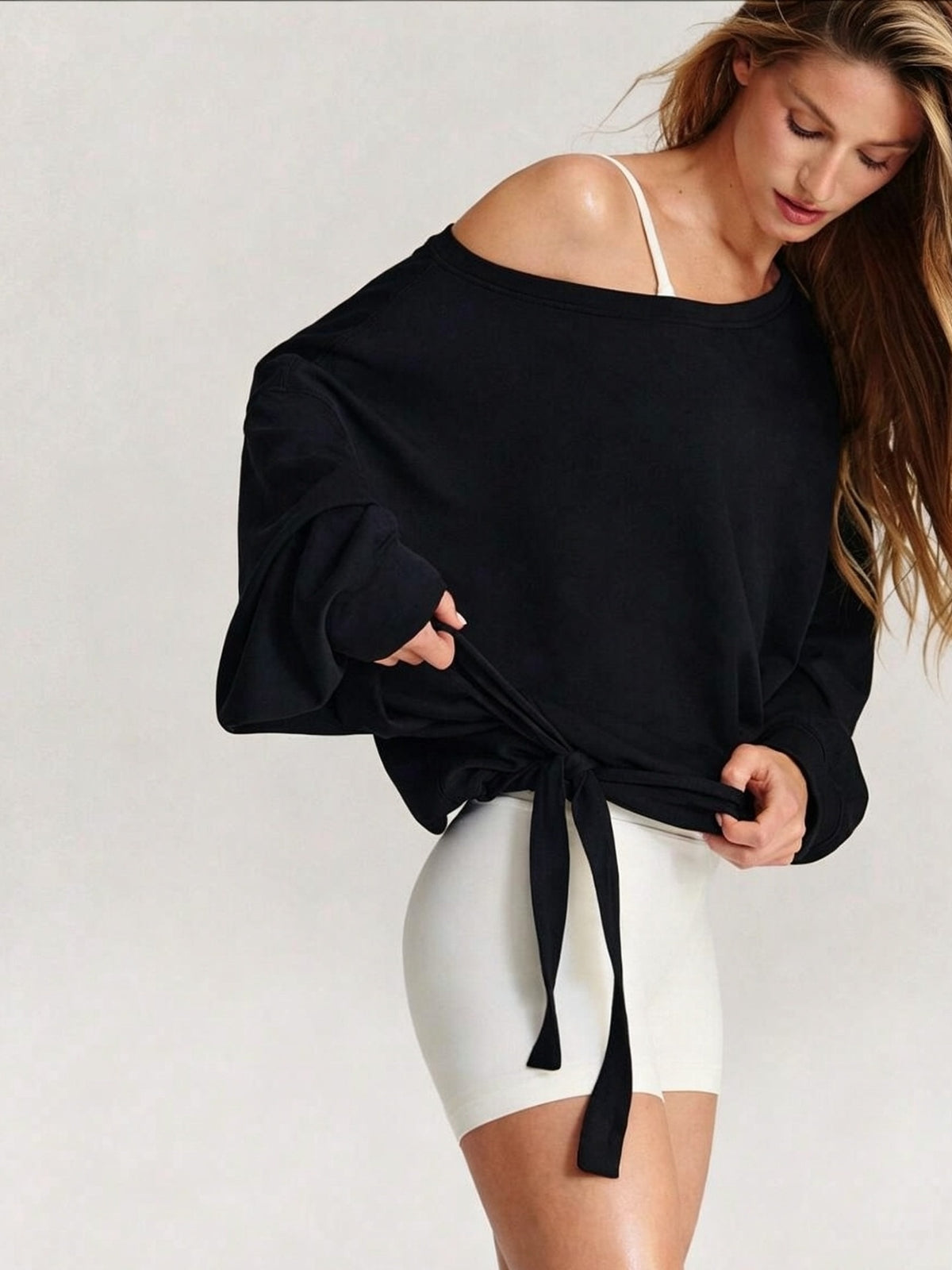 Women's Autumn/Winter Solid Color Off-Shoulder Long Sleeve Drawstring Hem Sweatshirt