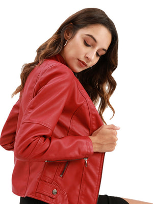 Street Cool Thin Stand Collar Zipper Leather Jacket