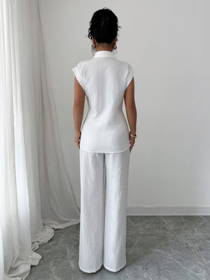 Lapel Sleeveless Kink Shirts Wide-leg Pants Business Suit 2-piece Sets