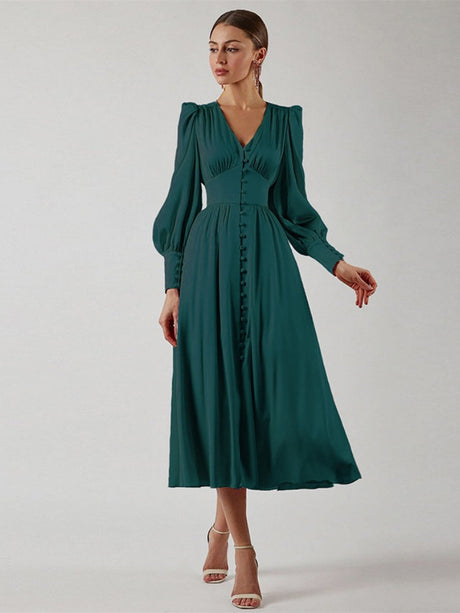 V-neck Satin Waist Retro Maxi Dresses