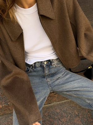 Vintage Distressed Brown Zip-up Long-sleeved Short Jacket