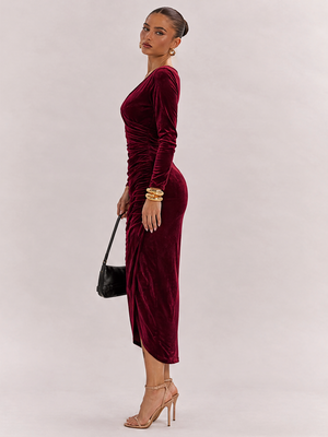 Goose Down V-neck Dress, Slim Fit, Pleated Patchwork, Irregular Skirt, Elegant Long Dress