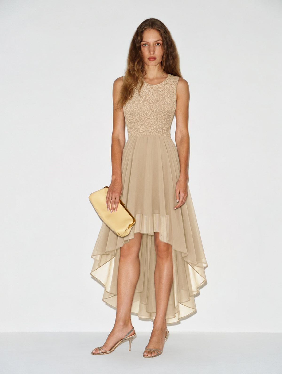 Lace Stitching Irregular Hem Waist Maxi Dresses