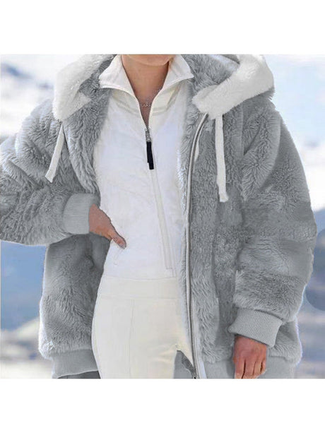 Loose Solid Color Plush Zipper Hood With Pockets Solid Color Jackets