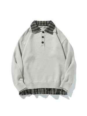 Retro Contrasting Colors Plaid Fake Two Pieces Splicing Sweater