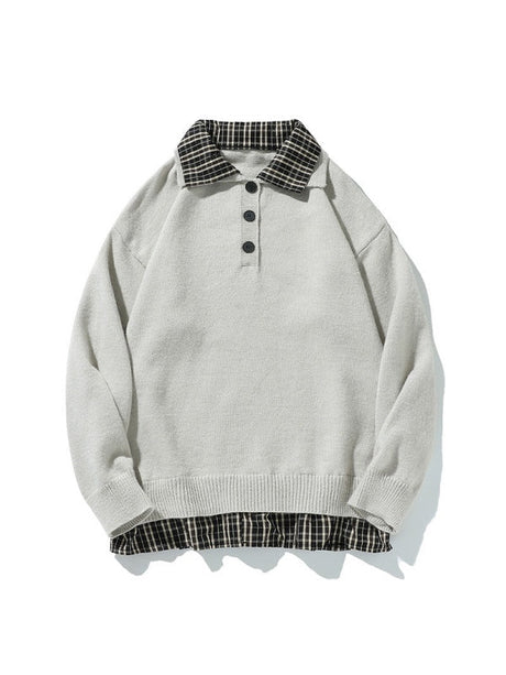 Retro Contrasting Colors Plaid Fake Two Pieces Splicing Sweater