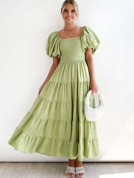 Off-the-shoulder Geometric Color-blocked Print Tulle Skirt With Puff Sleeves Long Dress