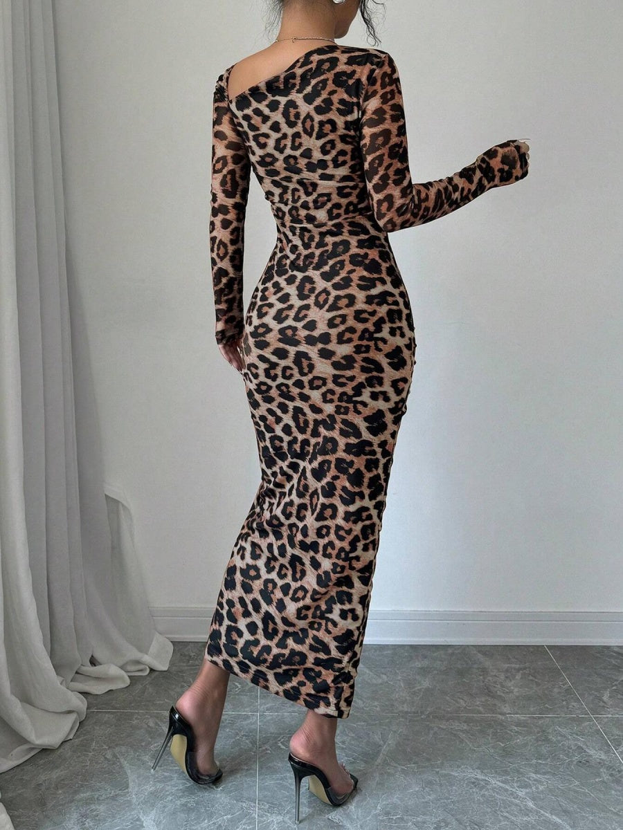 Long-sleeved, Slim-fit Leopard Print Drawstring Bodycon Top Mini&Short Dresses