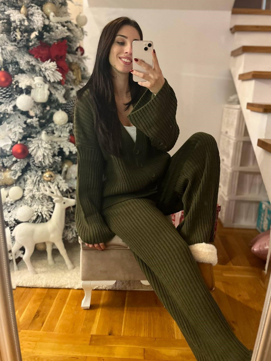 Leisure Solid Color Long Sleeve Buttons Sweaters Cardigans Pants Two-piece Suit