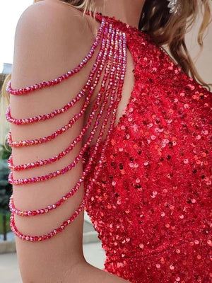 Halter Neck, Off-shoulder, Tassel, Bodycon, Crystal-trimmed Sequined Short Dress