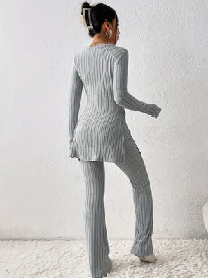 Leisure Long Sleeve Crew Neck Slit Pure Color 2-piece Sets