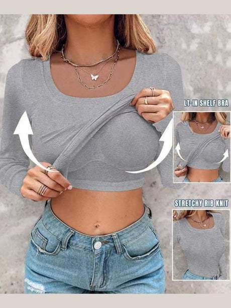 T-shirts à manches longues unis, col en U et soutien-gorge intégré