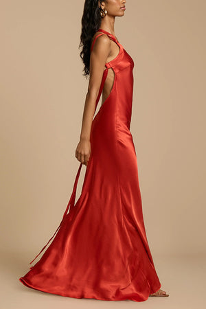 Zippered Single Shoulder Satin Maxi Dresses