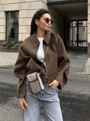Vintage Distressed Brown Zip-up Long-sleeved Short Jacket