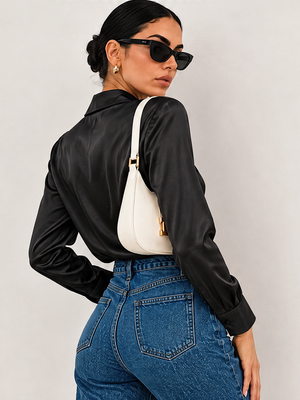 Solid Color Satin Pleated Long Sleeve Blouse&Shirts
