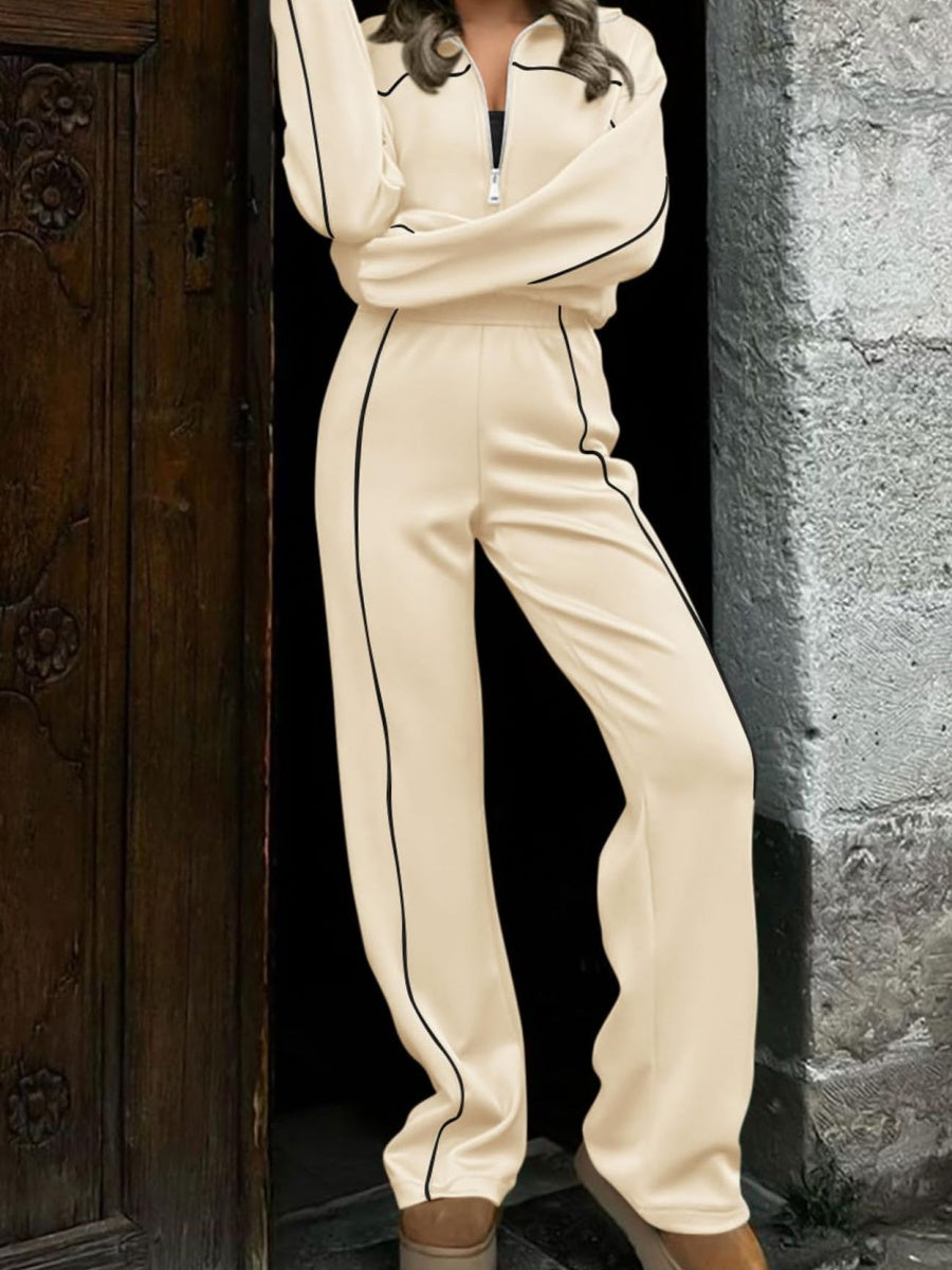 Sports Casual Suit Zipper Contrasting Colors Hoodless Cardigan Wide-leg Pants 2-piece Sets