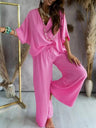 V-neck Batwing Sleeve Casual Loose Wide-leg Pants Two-piece Set