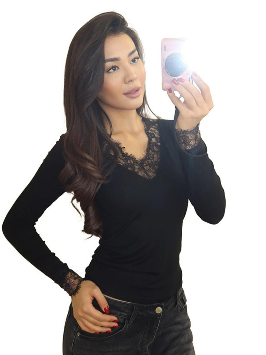 V-neck Lace Trim Waist T-shirts