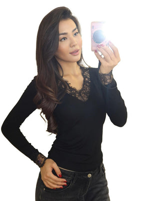 V-neck Lace Trim Waist T-shirts