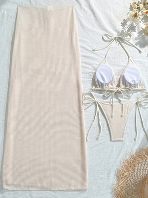 Solid Color Mesh Long Dress Starfish Swimsuit Bikini Three-piece Set