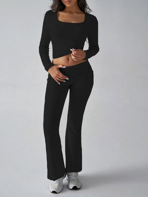 Leisure Navel Solid Color Long-sleeved Two-piece Suit