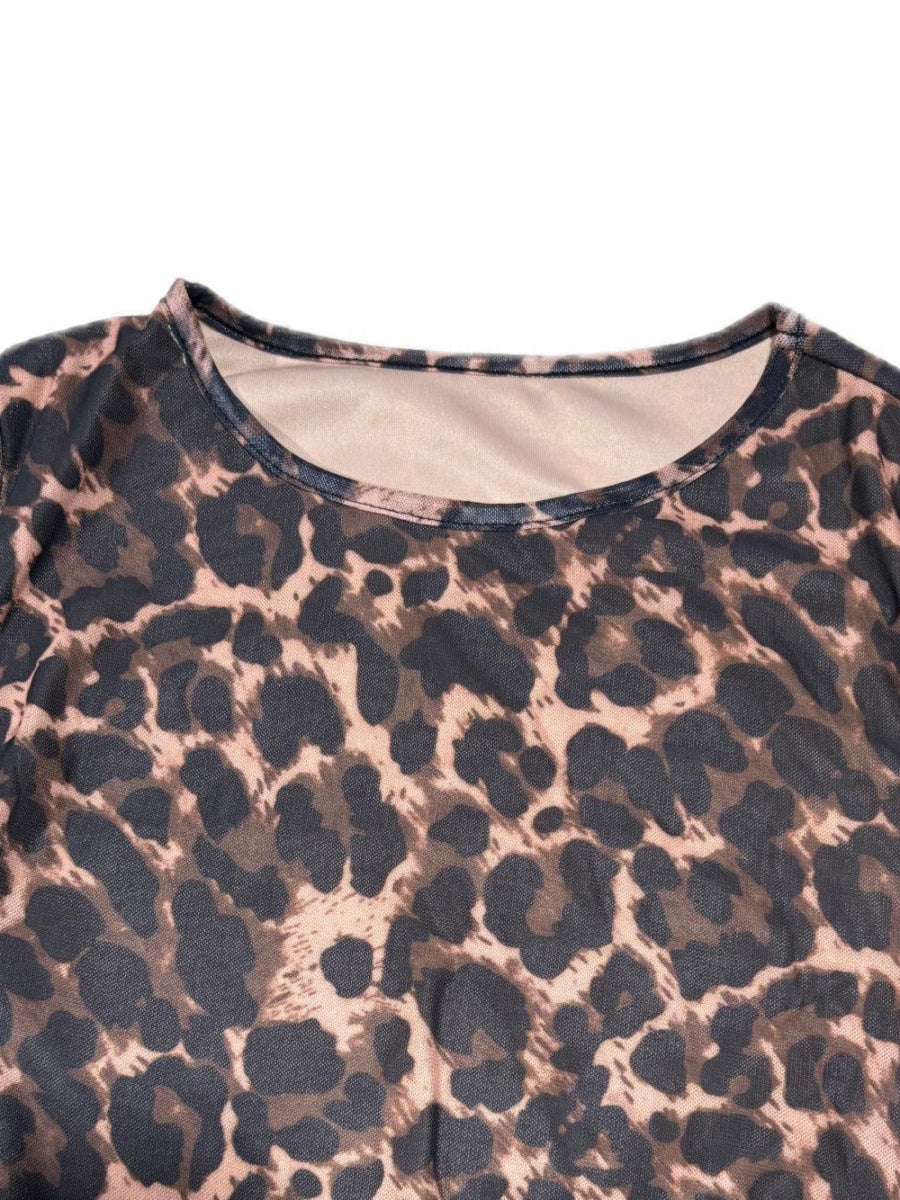 Leopard Mesh Printing Pleats Sexy Tight Fit Crew Neck Maxi Dresses