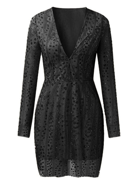 Deep V Long Sleeve Polka Dot Sequins Mini&Short Dresses