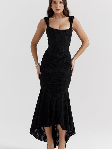 Floral Jacquard Fabric Boning Fishtail Maxi Dress